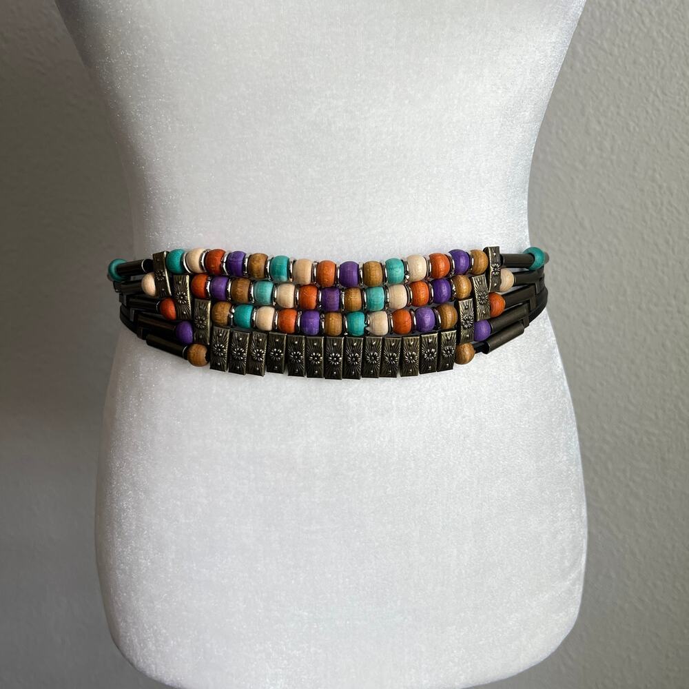 Vintage Boho Wooden Beaded Embossed Metal Black Leather Straps Belt Festival 70s